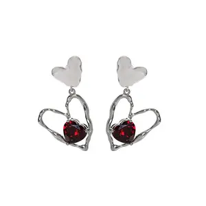 amazing red silver heart stone with silver plating triple hearts earring necklace set for earring