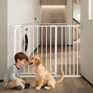 DOMIPET 29.5-46" Pet Gate for Stairs and Doorway, Extra Wide Metal Cat Gate, Auto Close Dog Gate for House, Pressure Mounted Easy Walk Through (30" Tall, White)