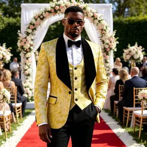 Men's 3-Piece Yellow Jacquard Tuxedo Suit, Slim Fit Shawl Lapel Jacket + Vest + Pants for Wedding, Prom & Formal Events