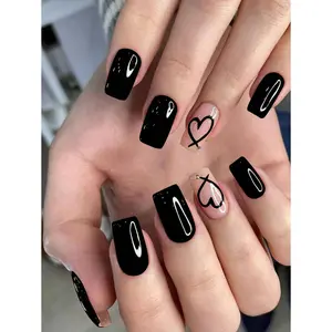 24pcs Short Square Black Heart Nails Tip Acrylic Press On Nails Short With Rhinestones Design Fit Perfectly Fake Nail Set ,Black Nails, Include:1pc Jelly Glue And 1pc Nail File, Valentine Nails For Women And Girls Daily Life And Party Valentine's Day Use