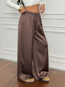 Women's Spring Summer Pure Color Satin Elastic Waist Drawstring Adjustable Loose Casual Straight Leg Pants, Comfortable and Stylish Ladies' Trousers