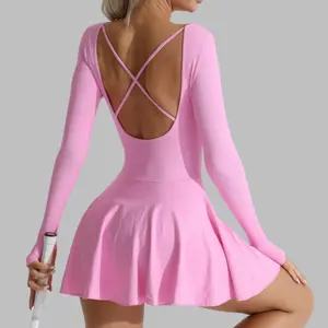 Women's Solid Criss Cross Backless 2 in 1 Sports Dress, Long Sleeve Square Neck Tennis Dress, Cheerleader Dress, Ballerina Dress, Tennis Attire Black Girl, Tennis Attire, Athletic Dress, Outdoor Dress   ﻿