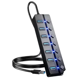 USB 3.0 Hub, PANPEO 7-Port USB Data Hub Splitter with 3ft Long Cable USB Extension for Laptop,PC Computer,Surface Pro, PS4/5, Flash Drive, Mobile HDD - with LED Individual On/Off