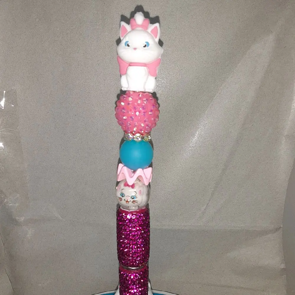 Rhinestones Beaded Pen with Pink Glitter and Blue Bead Design