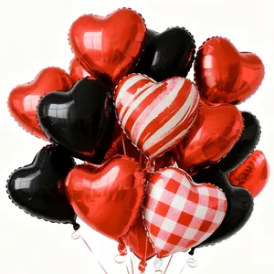 PartyWoo Valentine's Heart Balloons Red and Black Heart Foil 15pcs 18 Inch Red Checkered Marble Black Heart Shaped Mylar Balloons for Valentine's Day Wedding Anniversary Engagement Decorations