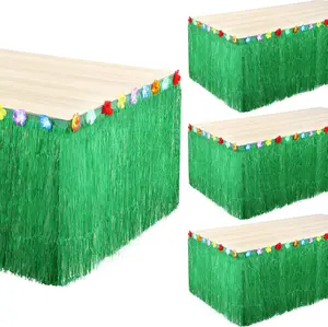 4 Pack 9 Feet x 29 Inches Luau Grass Table Skirt Hawaiian Hibiscus Raffia Fringe for Tiki Tropical Themed Birthday Party Supplies Decorations (Green)