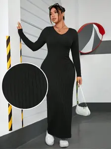 【Plus Size】 Solid V Neck Bodycon Dress, Elegant Long Sleeve Long Dress for Daily Wear, Women's Clothes for Fall & Winter, Womenswear