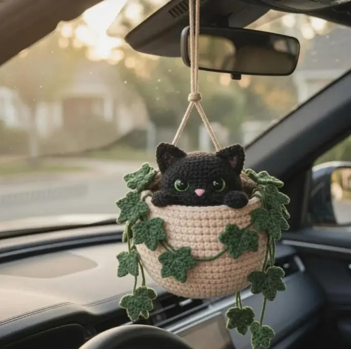 Crochet Black Cat Car Hanging Accessory, Cute Potted Plant Rearview Mirror Charm, Handmade Plant Basket Interior Decor Gift for Cat Lovers