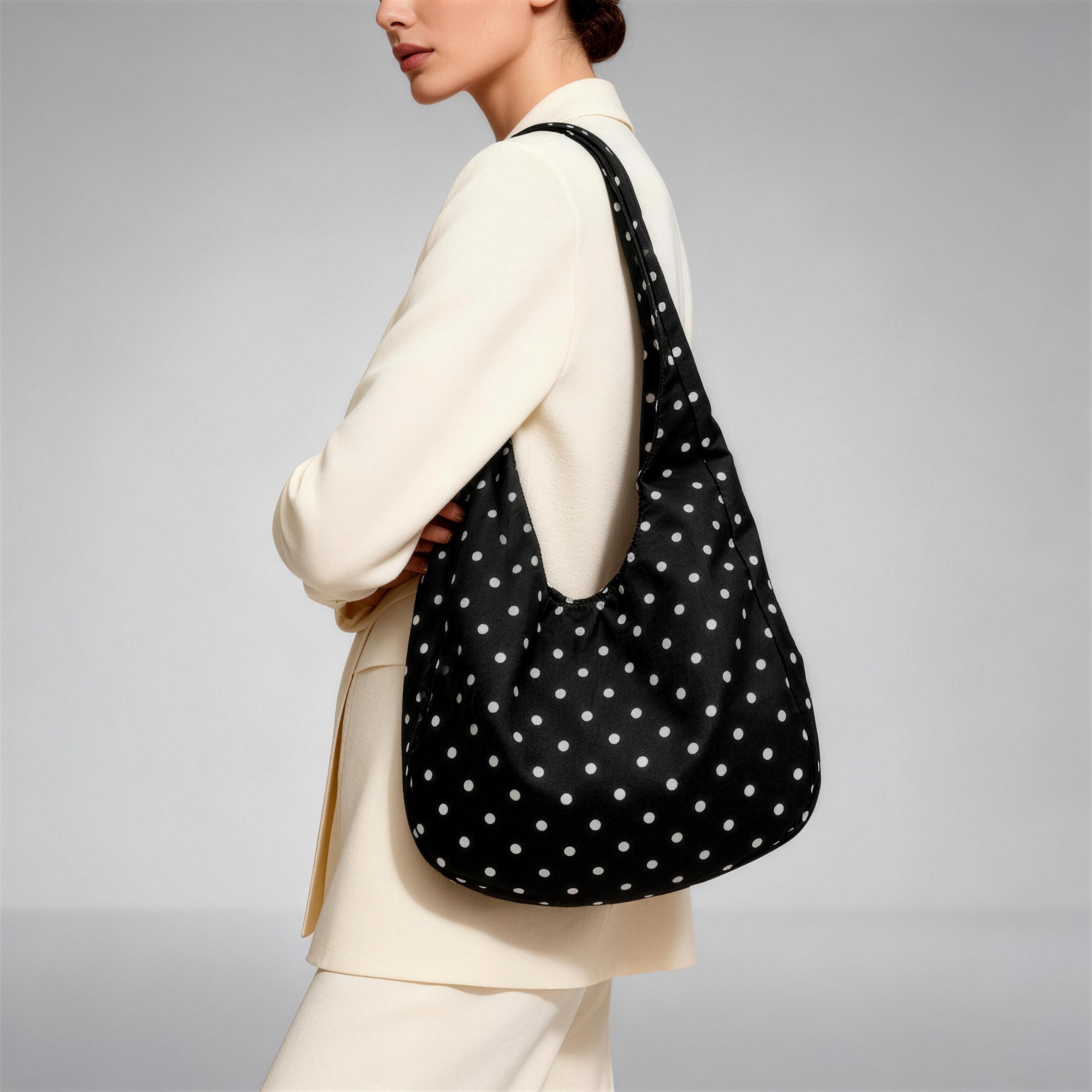 Women's Polka Dot Dumpling Bag, Casual Lightweight Nylon Design, Perfect Everyday Hobo Purse, Retro Crescent Bag