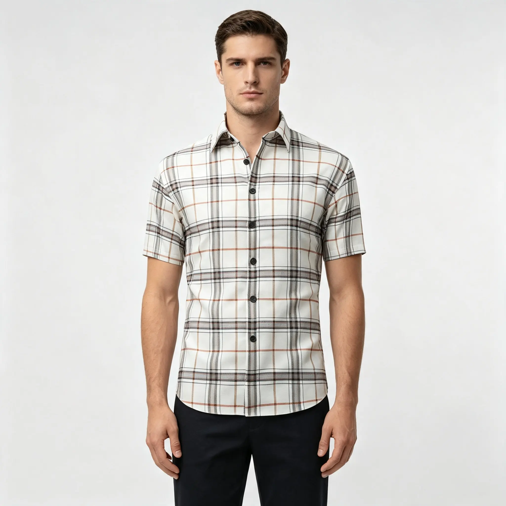 Men’s 2-Piece Fitted Plaid Shortsleeve Button-Up Shirt Set, Casual Turn-Down Collar Polyester Dress Shirt with Cuff Sleeve, Suitable for Everyday Wear Menswear Tops