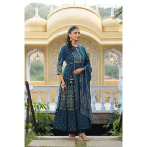 Teal Blue Cotton Anarkali Kurta Set with Dupatta - Ethnic A-Line Tiered Tunic & Pants for Women - Traditional Festive Wear