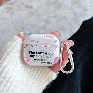 Faithful Lord Promise Pattern TPU Soft Protective Case for Apple AirPods 4/3/2/1/Pro/Pro2 Transparent Earphone Cover with Keychain Attachment