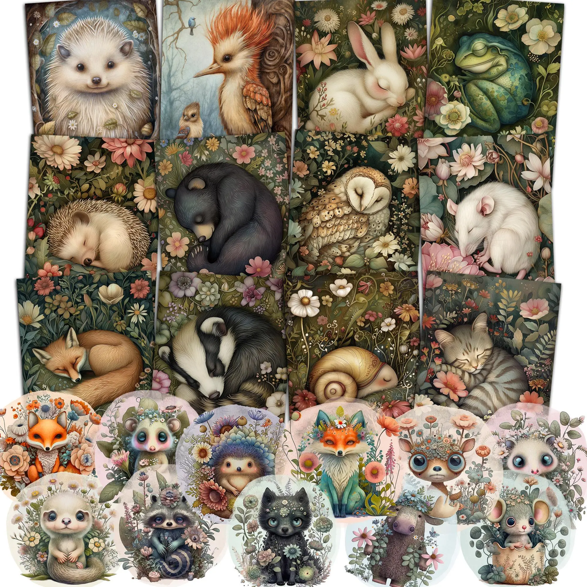 Animal & Flower Pattern Cardboard & Sticker Set, DIY Card Set, 52pcs/set Writable Thick Cardboard & Stickers, Perfect for Scrapbooking, Crafts, Greeting Card, Scrapbook Materials