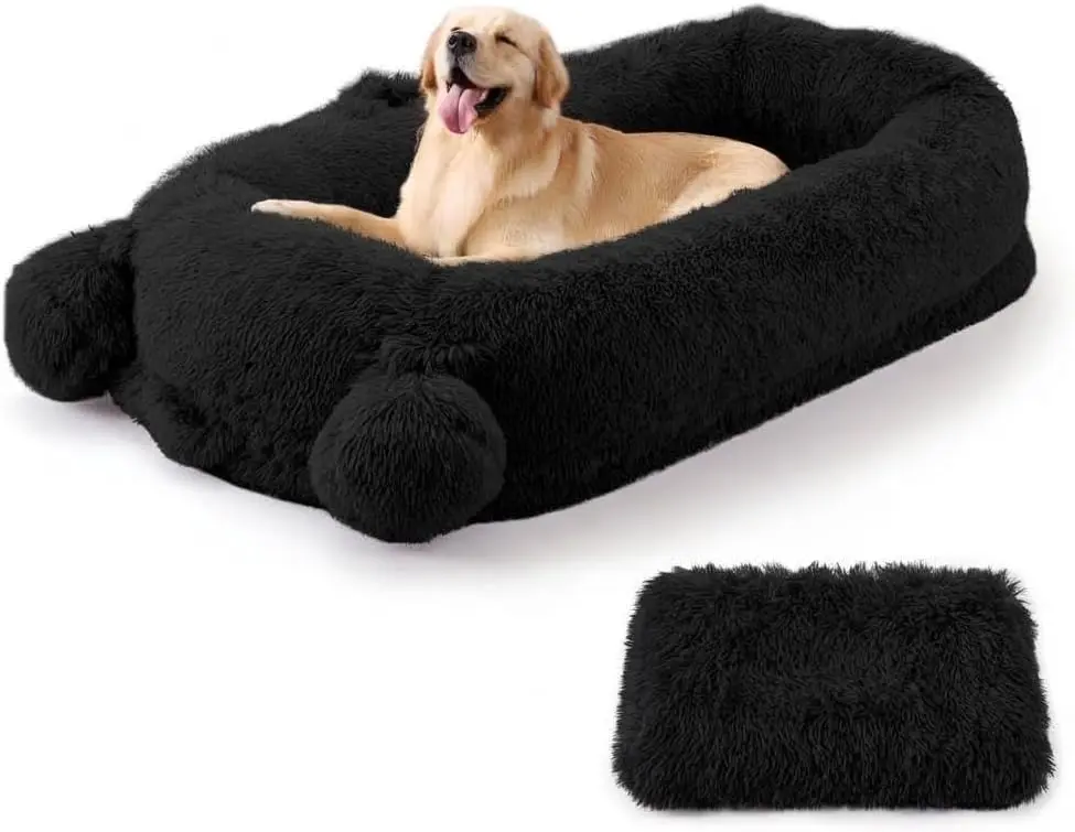 75"x45"x12" Human Dog Bed for Adults – Giant Orthopedic Faux Wool Lounger with Removable Washable Cover & Matching Blanket, 2 Side Storage Pockets & Carry Handles, Multi-Color Options