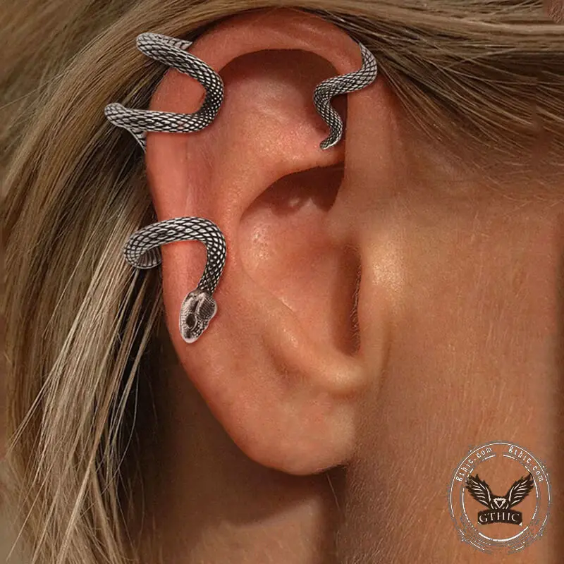 GTHIC Punk Style Earrings, Stainless Steel Punk Snake Design Ear Cuffs for Women's Daily Wear Statement Jewelry