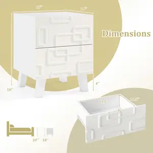 COSTWAY - Modern Nightstand Side Table with Drawers and 3D Geometric Patterns-White