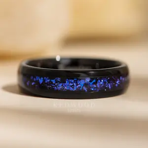 Black Tungsten Ring with Blue Lab-Created Sapphire Inlay - 6MM