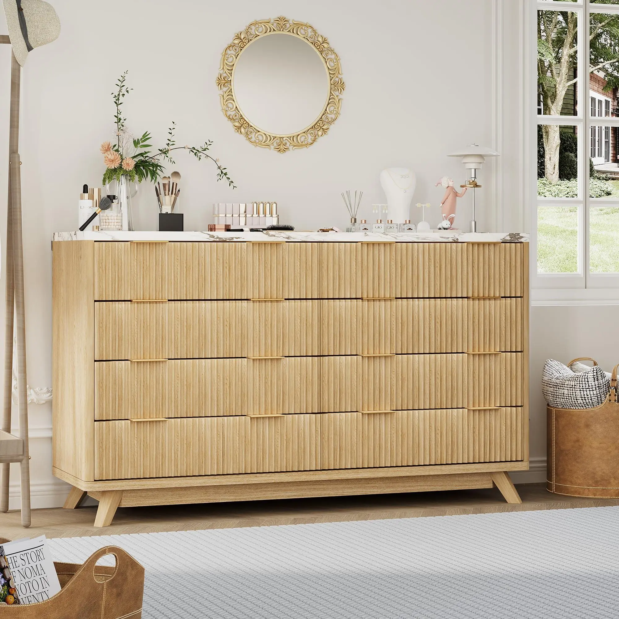 54" Wide Modern Wave-Like Curve Fluted 8-Drawer Dresser - Engineered Wood Chest of Drawers with Smooth Curved Edges, Anti-Tip Base, Easy Maintenance, Assembly Required, Secure Delivery (Bedroom, Living Room)