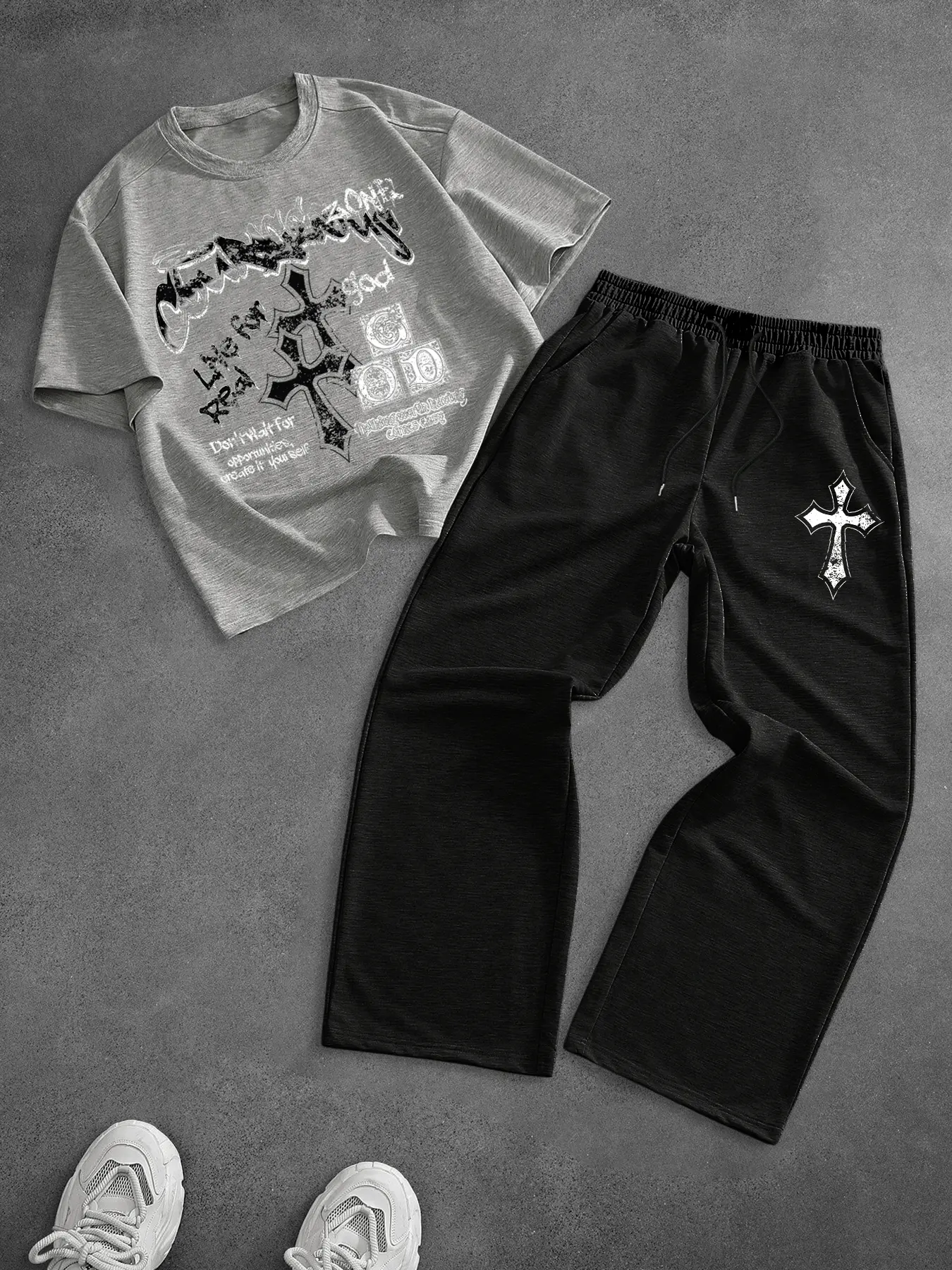 Men's two-piece menswear set: one printed Graphic short-sleeved T-shirt and one drawstring long pants. Made from loose and breathable fabric, and decorated with letter and cross print patterns, ensuring comfort in all seasons. It makes a great gift.