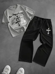 Men's two-piece set: one printed short-sleeved T-shirt and one drawstring long pants. Made from loose and breathable fabric, and decorated with letter and cross print patterns, ensuring comfort in all seasons. It makes a great gift.
