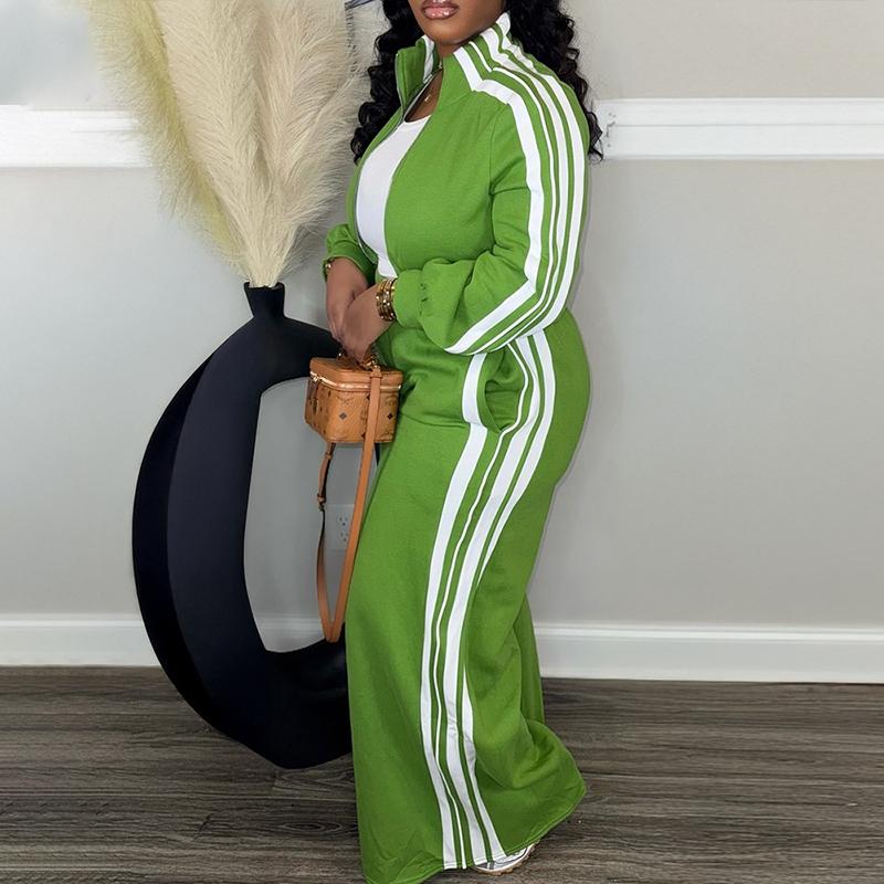 CHICME 2 Pieces Outfit Stand Collar Zip Up Stretchy Hem Crop Coat and Elastic Waist Wide Leg Pants Set Casual Contrast Side Striped Set