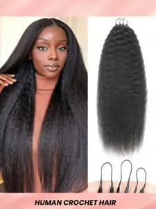 50G Human Hair Feather Crochet Braids - Natural Black, Kinky Straight Texture, Pre-Separated Invisible Design, Wet and Wavy Friendly