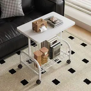 A mobile side table with wheels and a 2-story rolling end table with storage basket in the living room, essential for compact industrial home decoration