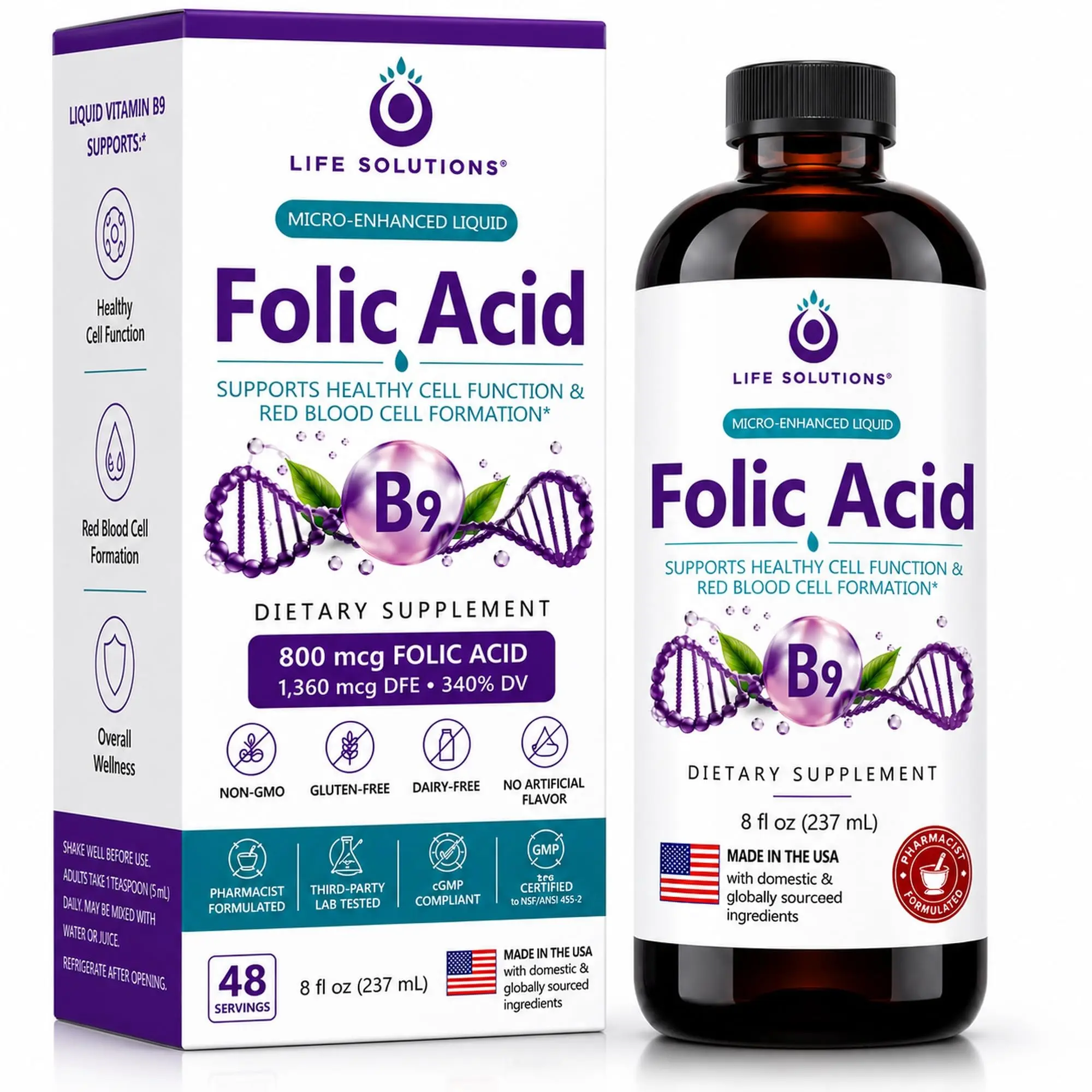 Life Solutions Liquid Vitamin B9 Folic Acid 800mcg Berry - 8oz