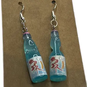 Blue Japanese Soda Earrings - Unique Bottle Design with Asian Characters, Perfect for Casual Wear