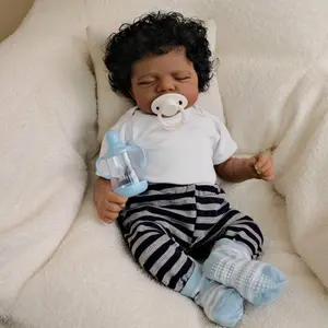 Lifelike Reborn Baby Dolls 18 inch 46 cm Black Soft Vinyl Cloth Body & Curls Hair Realistic-Newborn Dolls African American Real Life Baby Feeding Kit & Gift Box for Kids white outfit
