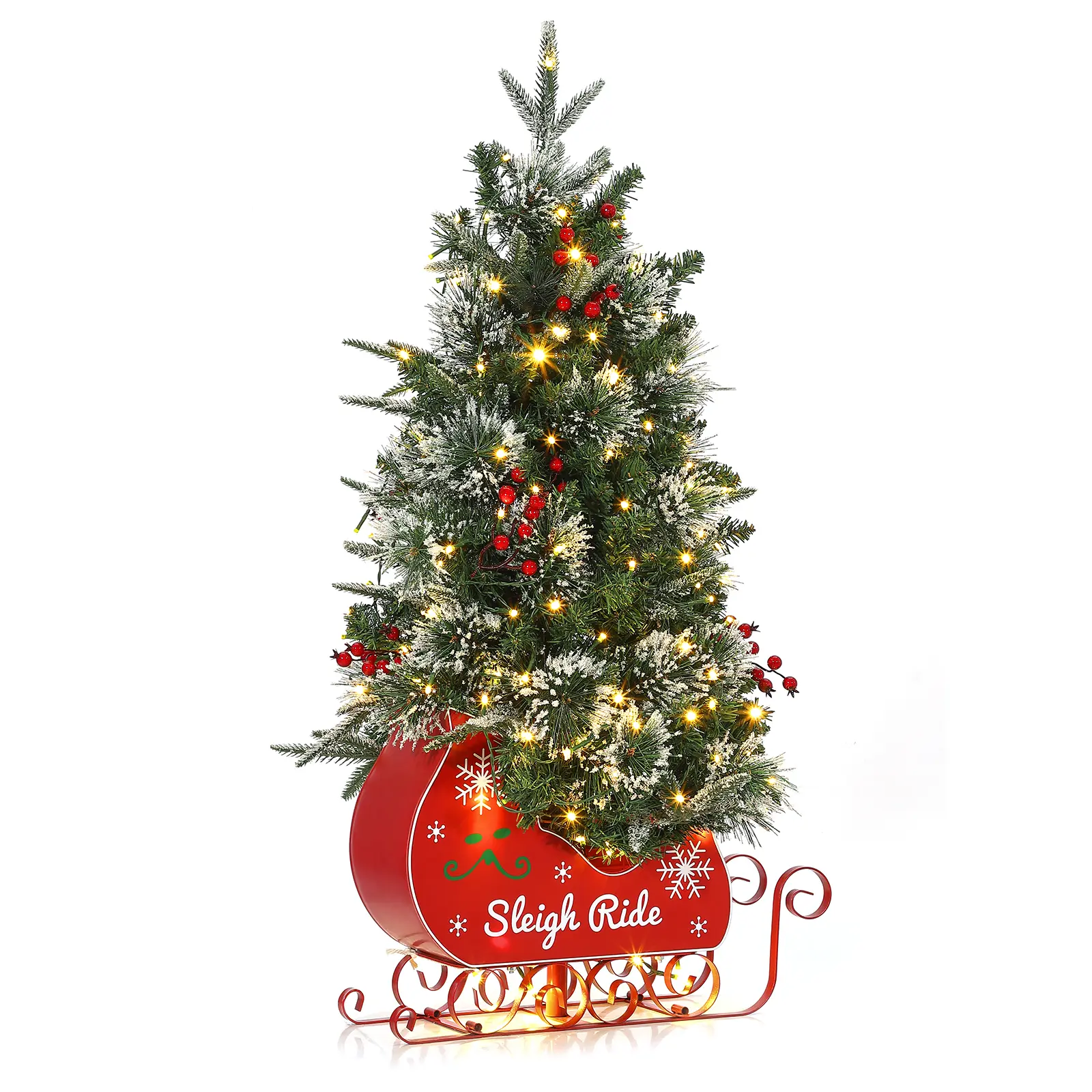 3FT Pre Lit Fiber Optic Artificial Sleigh Ride Base Christmas Tree with 78 Pcs Warm White Lights, 8-Mode Full Prelighted Xmas Tree with USB, 1 Pcs Insert Leaf No Assembly Required Gifts