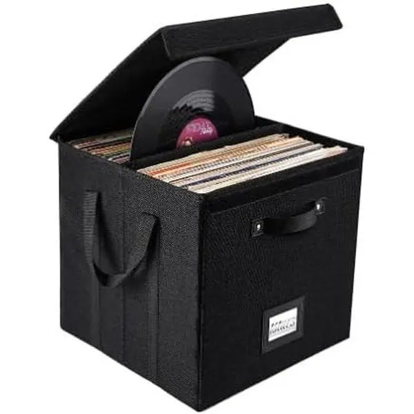 Garvee Set of 3 Vinyl Record Storage Boxes, Non-Woven Stackable Record Holder with Lid and Handles, LP Storage Organizer for Valuable Album Collection, Black