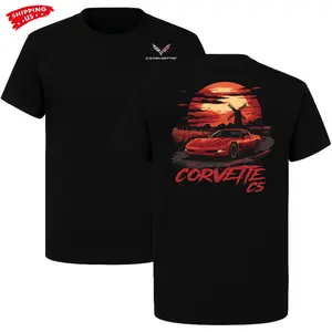 Corvette C5 T-Shirt, Red Sunset Muscle Car Graphic, Corvette Sports Car Graphic Shirt for Auto Enthusiasts & Racing Fans, Perfect Gift for Car Lovers or Drivers