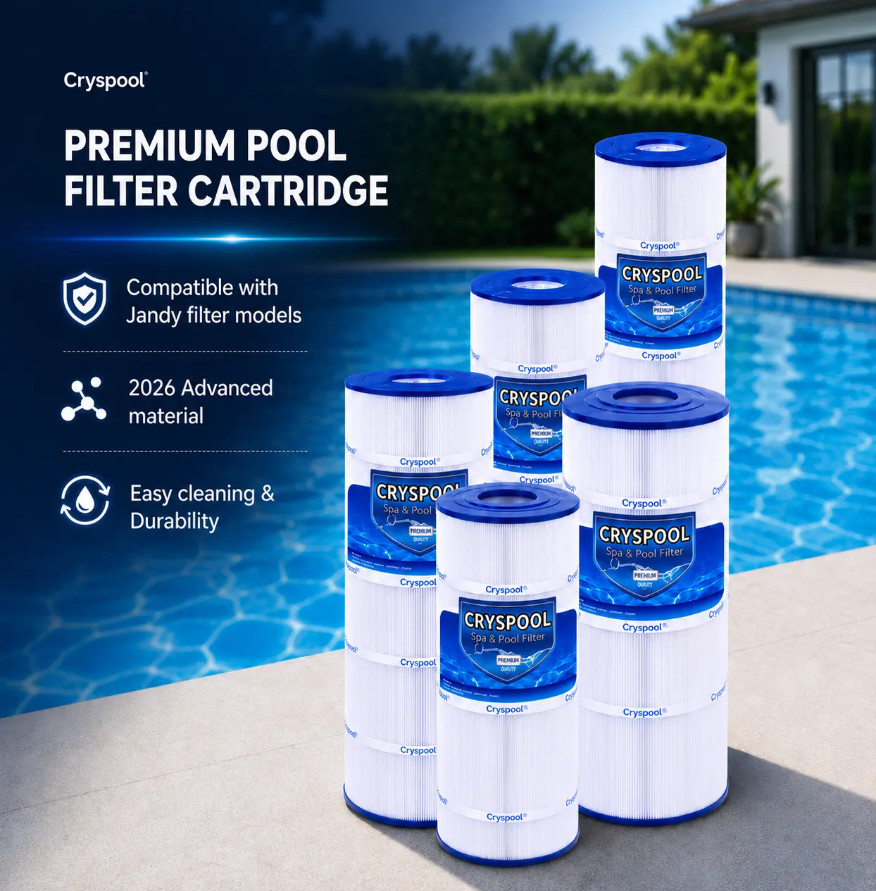 Cryspool Reusable Hot Tub Pool Filter Cartridges - Compatible with Jandy CS100, CS150, CS200, CS250 - Advanced Trilobal Fibers, Durable, Easy to Clean, High-Capacity Pool Cleaning Accessory, Pool Cleaning Filter Cartridges