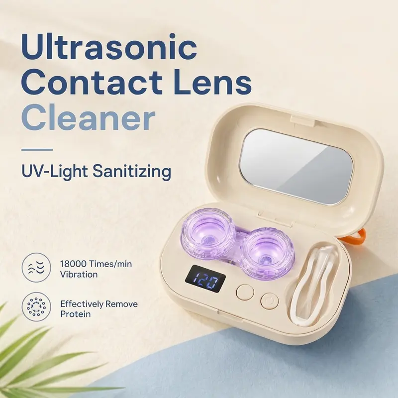 ZENOTTIC Contact Lens Cleaner Set - Compact Travel-Friendly Design Kit with High-Frequency Vibrations Sonic Washer, 4 Timed Modes, Smart LED Display, Sleek Case, Mirror + Tweezers for Daily & Deep Weekly Hands-Free Cleaning