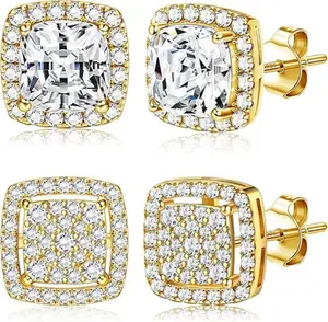 2 Pairs Gold Square Stud Earrings, Cushion Cut CZ Halo Earrings, Hypoallergenic S925 Post, Sparkly Studs for Women Men