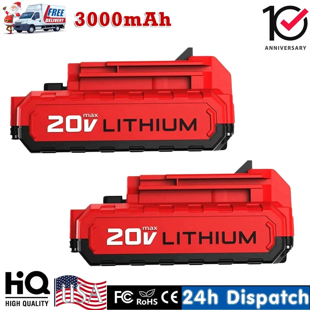 2-Pack 20V 3.0Ah/3000mAh Lithium Ion Replacement Cordless Tool Batteries for Porter Cable Power Tools, Compatible with 20V PCC680L, PCC685L, PCC682L, PCC685LP Models (Batteries Only)