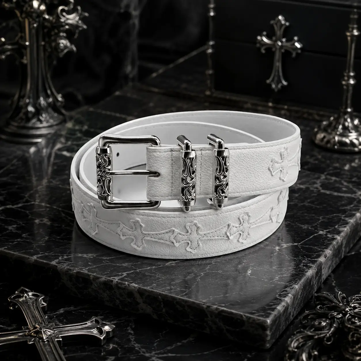 Trendy Gothic Cross Belt – Unisex Retro Streetwear Belt with Silver-Tone Hardware, Statement Waist Accessory for Men & Women