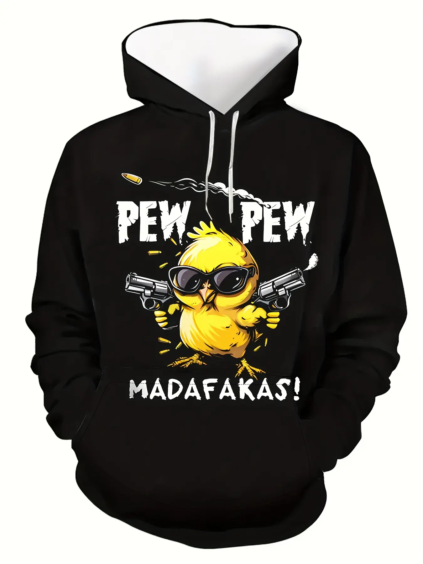 Men's 3D Digital Printed Duck with Pew Pew Madafakas Pattern Hooded Sweater - Black Street Pullover with Kangaroo Pocket, Thermal Long Sleeve Winter Sweater, Graphic Sweatshirts, Casual Streetwear Hoodie, Graphic Streetwear Clothing