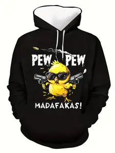 Men's 3D Digital Printed Duck with Pew Pew Madafakas Pattern Hooded Sweater - Black Street Pullover with Kangaroo Pocket, Thermal Long Sleeve Casual Winter Sweater, Machine Washable Fun Design, Graphic Sweatshirts