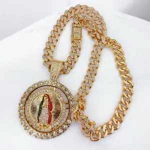 Rotating Centennial Chain of the Virgin of Guadalupe Gold-Plated Cuban Links with Cubic Zirconia 24" Length 13mm Width Religious Elegant Contemporary Jewelry