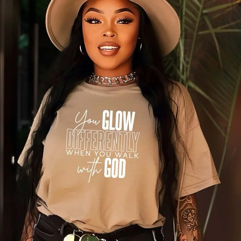 Women's Round Neck Short-Sleeve Breathable Cotton Graphic T-Shirt - "You Glow Differently" Faith Print, Casual Street Unisex Fit Top, Tops, Shortsleeve, Tshirt, Christian Style, Faith-Based Fashion, Lady, Coffee, Loose-Fitting, T-Shirt Top