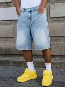 Men's Casual Loose Wide Leg Relaxed Fit Denim Shorts, All Seasons Street Style, Pure Color Pocket Design, Versatile Straight Fit Jeans