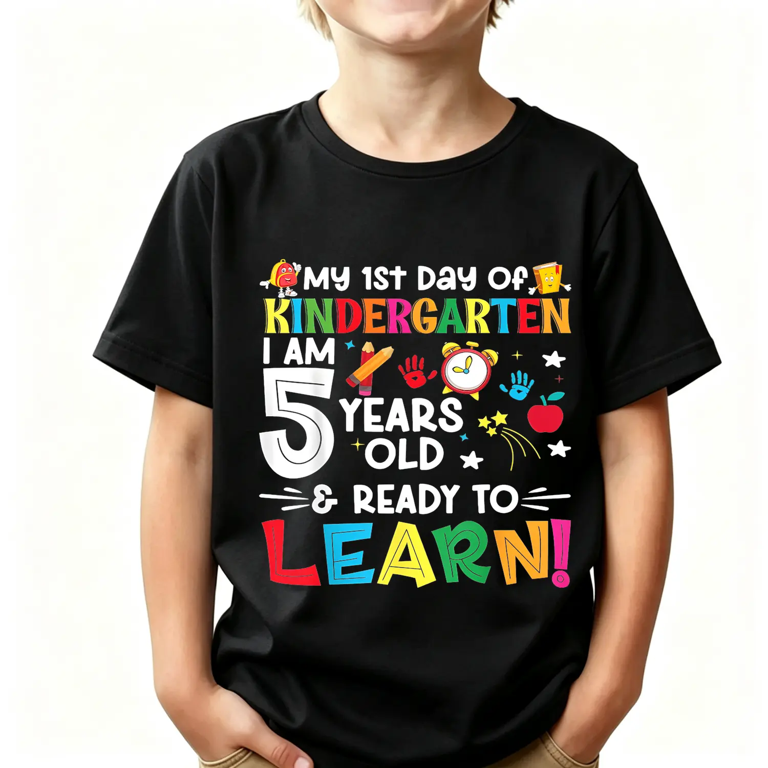 Kids Cotton T Shirt My First Day Of Kindergarten 5 Years Old Ready To Learn Back To School First Grade Outfit Graphic Tee Top For Children