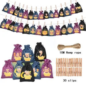 Ramadan Countdown Calender with Drawstring Gift Bag Set (1-30) with 30 clips & Hemp String Eid Decoration