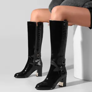 TDD Black Knee High Boots Women High Heel Wide Calf Tall Thigh High Cowboy Cowgirl Winter Botas Para Mujer Chunky Block Western Waterproof Rain Snow Comfortable Shoes 516