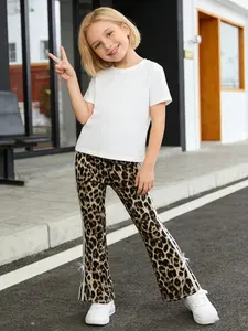 Girls Flares Pants Leopard Print Side Stripe Long Trousers Casual Soft Length Bell Bottoms with Bow Knot Fashion