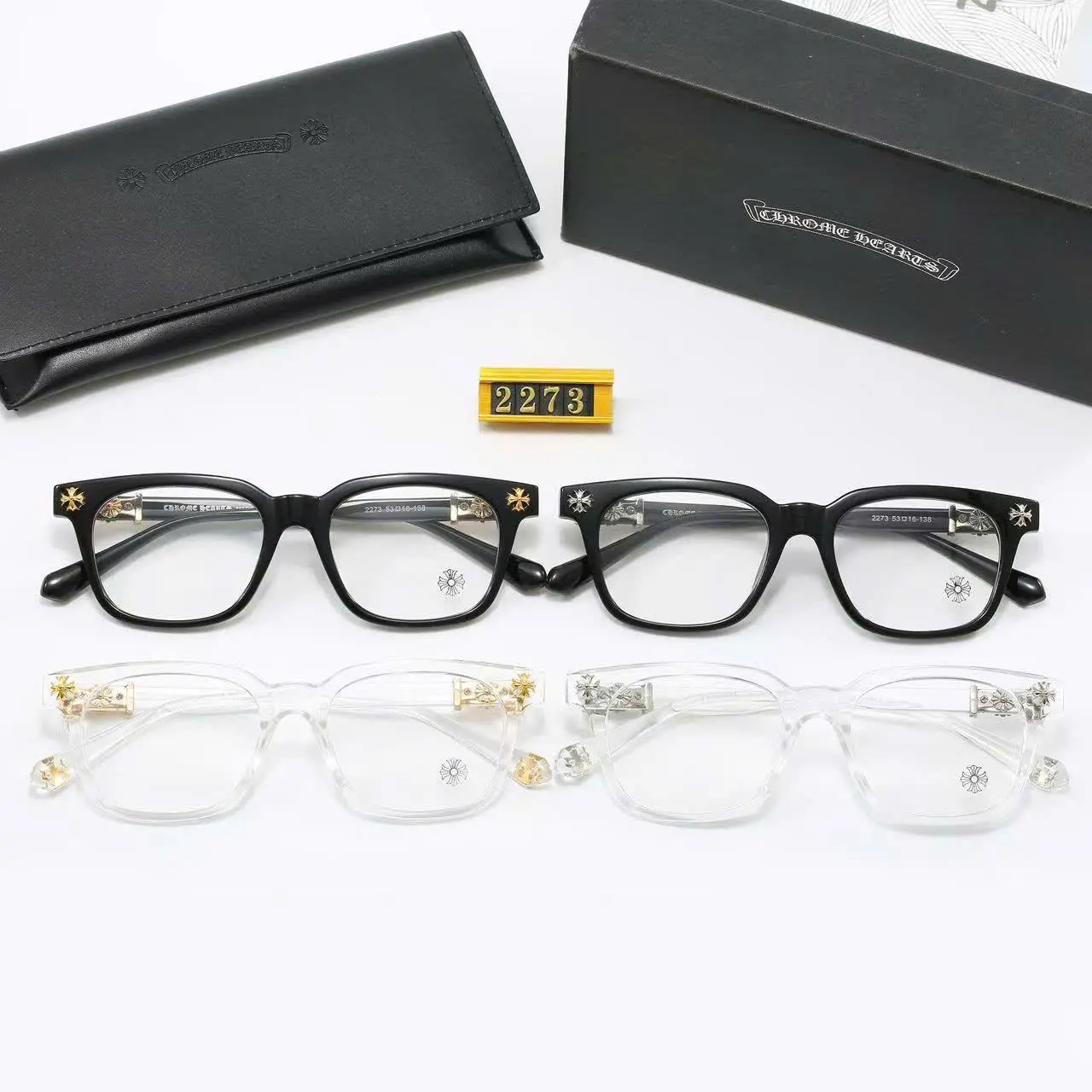 Chrome Hearts Square Eyeglass Frames for Men & Women, Luxury Black & Clear Optical Glasses, Gothic Cross Gold & Silver Detail Eyewear with Full Box Set