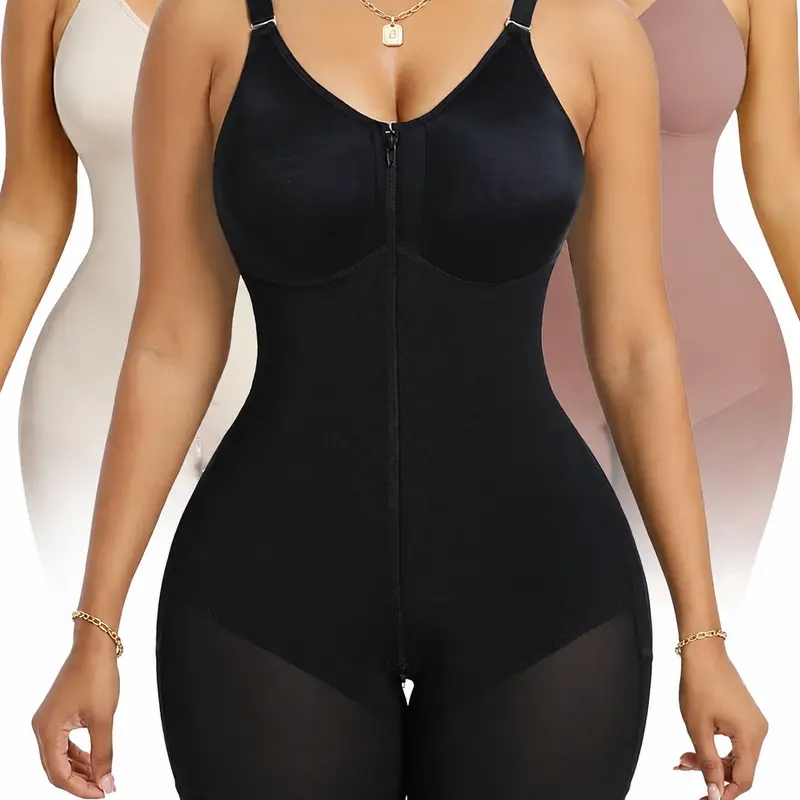 Women's V-Neck Colombian Faja Body Shaper Bodysuit - Firm Control, Tummy & Back Fat Targeting, Butt Lifter, Zipper Crotch, Adjustable Straps, Waist Reduction, Full Coverage (Ideal for S Size, Wedding, Body Contouring)