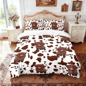Three-piece bedding set cute cow pattern highland cow print (1 set +2 pillowcases, no core), Cow Themed Bedding Set, personalized bedding, suitable for high-end bedrooms of various size to meet different needs
